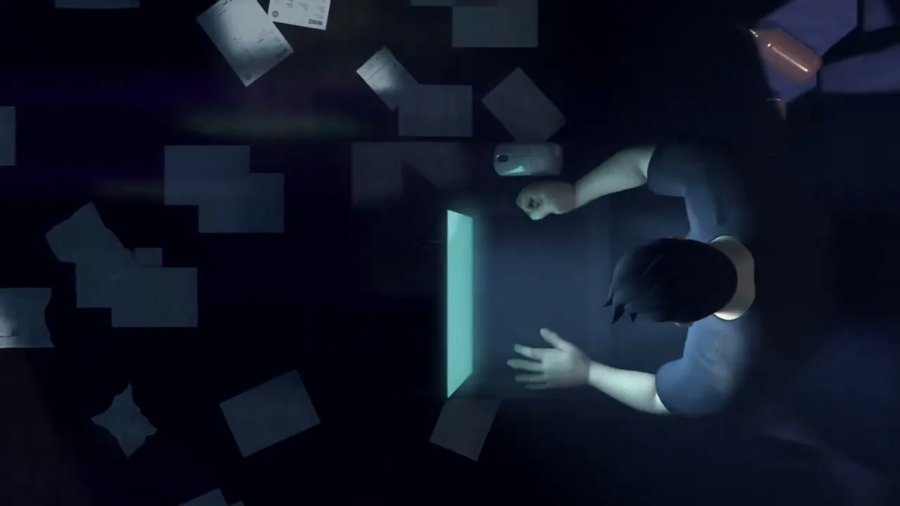 Overhead shot of Henry at his screen, at night