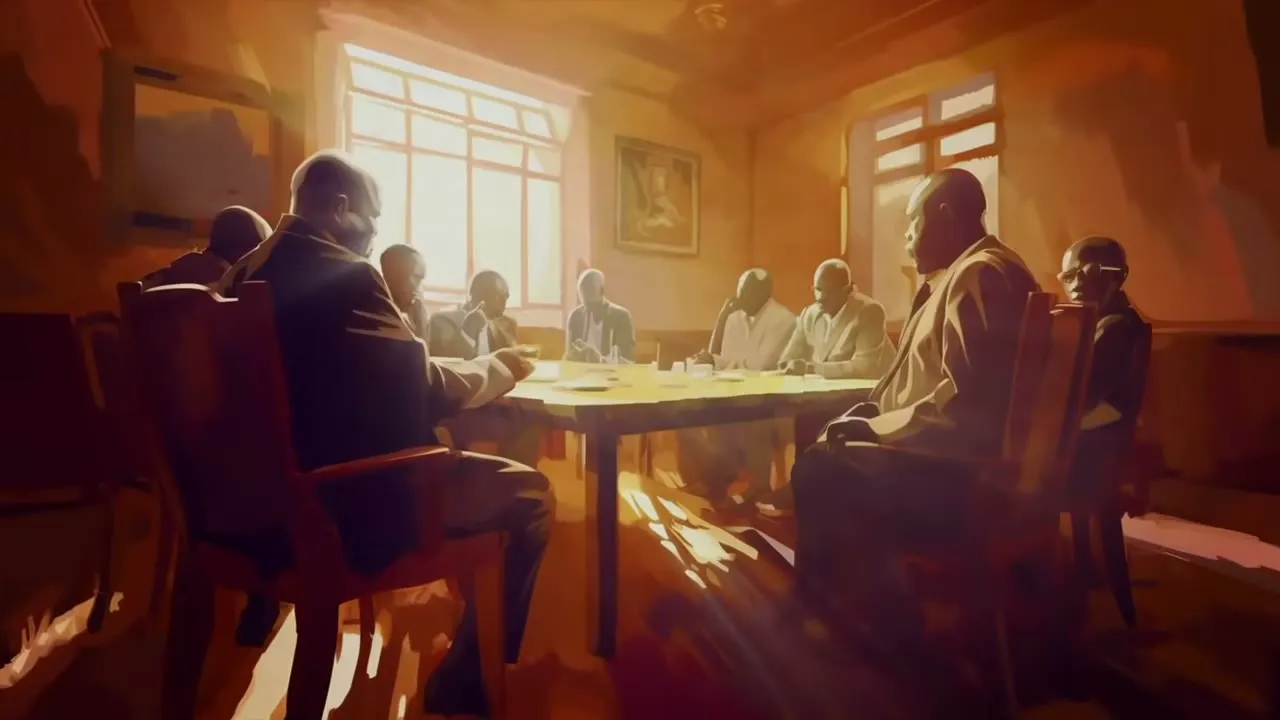 Illustration of a closed-door meeting in afternoon light