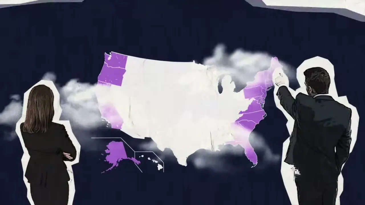 Two cut-out figures in front of a blank map of the U.S.