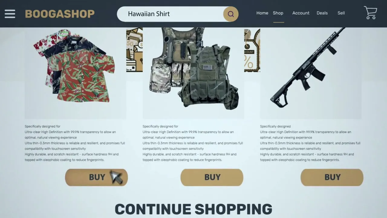 Online store recreated for the film: Hawaiian shirts, vests and rifles